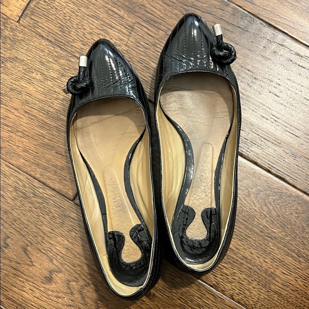 Chloe Black Leather Flats with Knot Detail